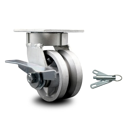 Service Caster 4 Inch Kingpinless V Groove Semi Steel Wheel Caster with Brake and Swivel Lock SCC-KP30S420-VGR-SLB-BSL